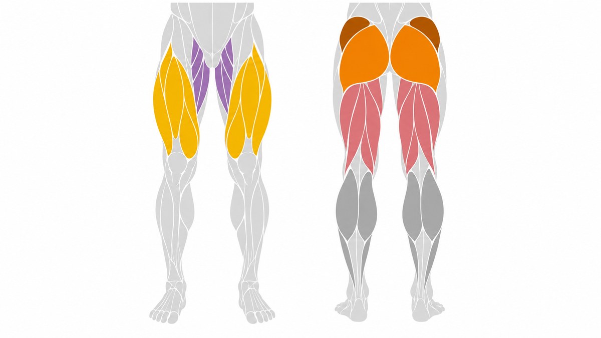 Front and back view of the legs. The glutes are orange, the front of the thigh is gold, the back of the thigh is rose and the inner thigh is purple.