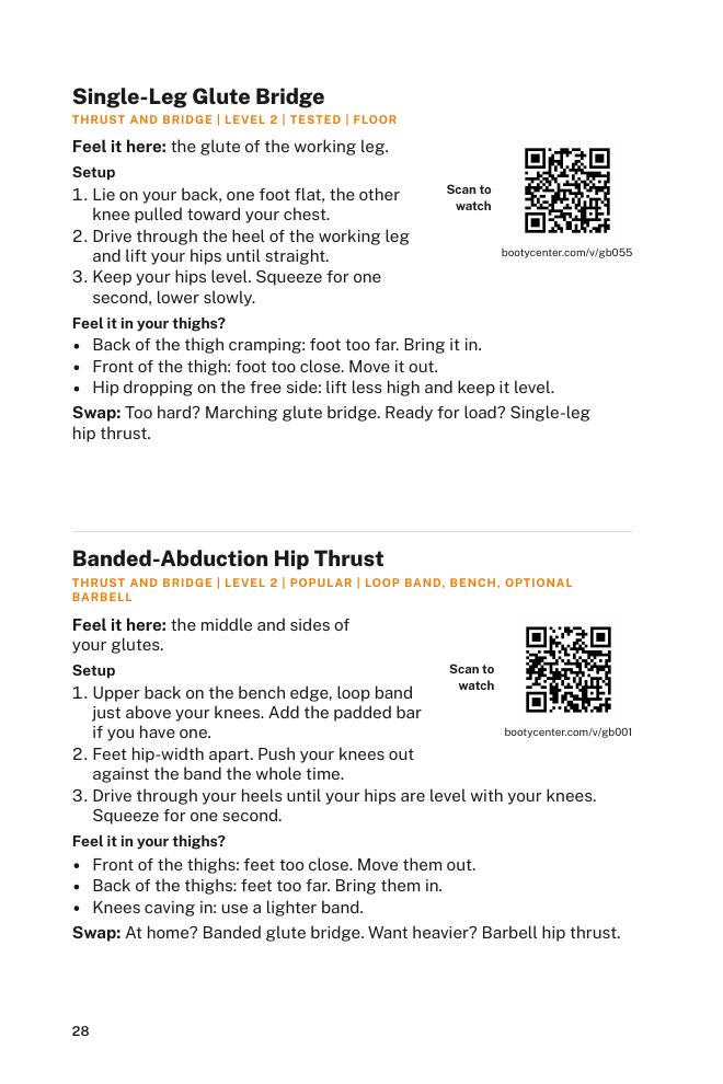 Book page: two exercise entries with setup steps, thigh fixes, swaps and QR codes