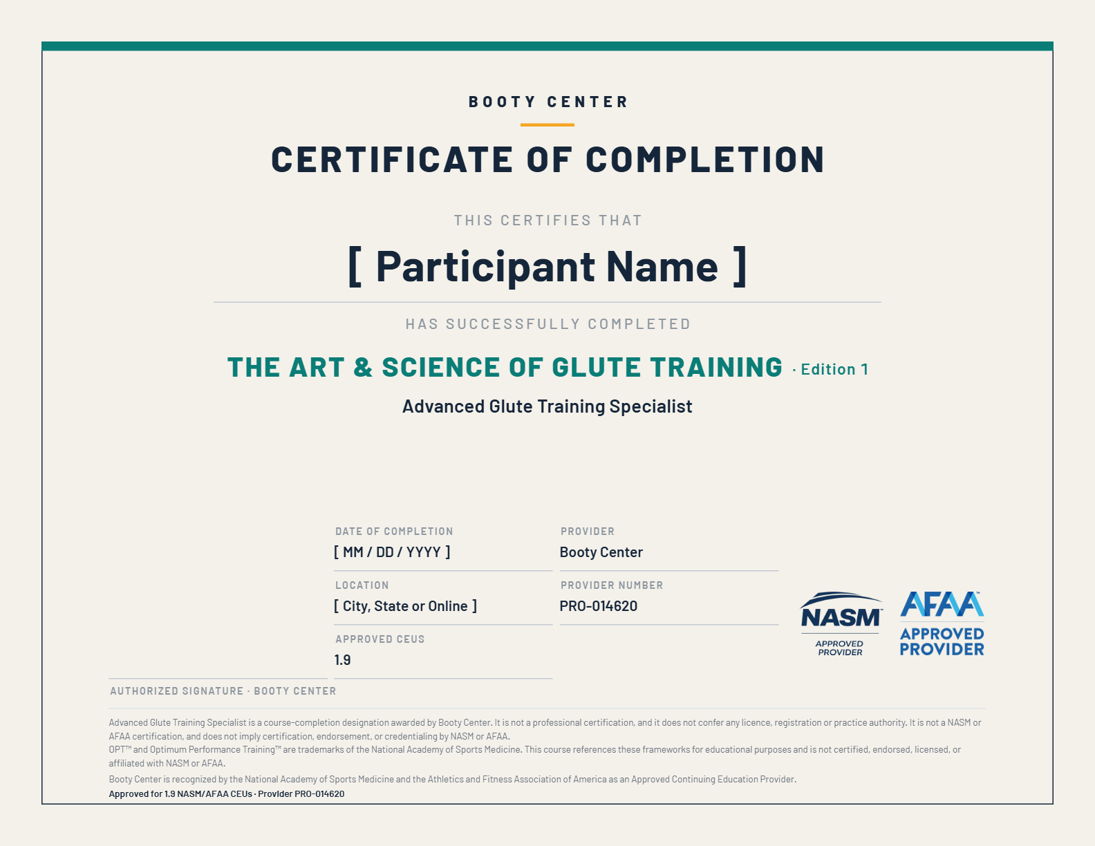 The Certificate of Completion design with approved CEU value and Provider Number PRO-014620
