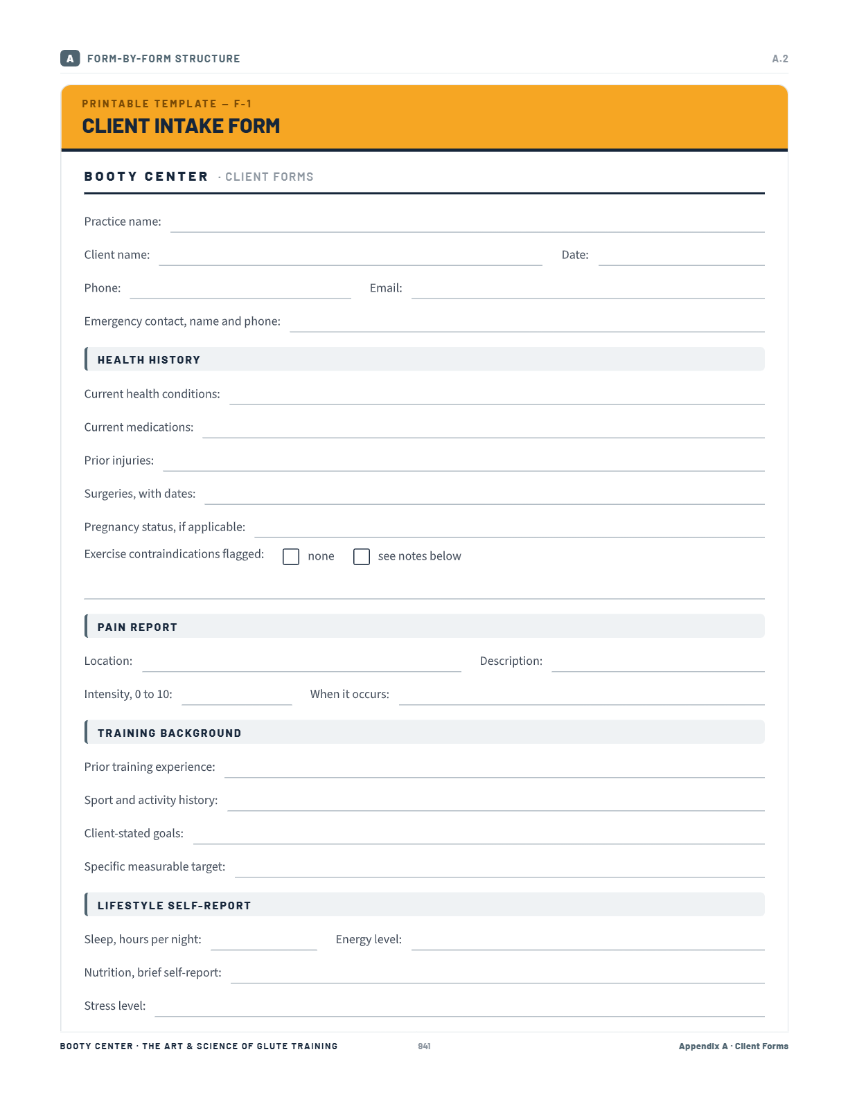 A professional client form from the course appendices