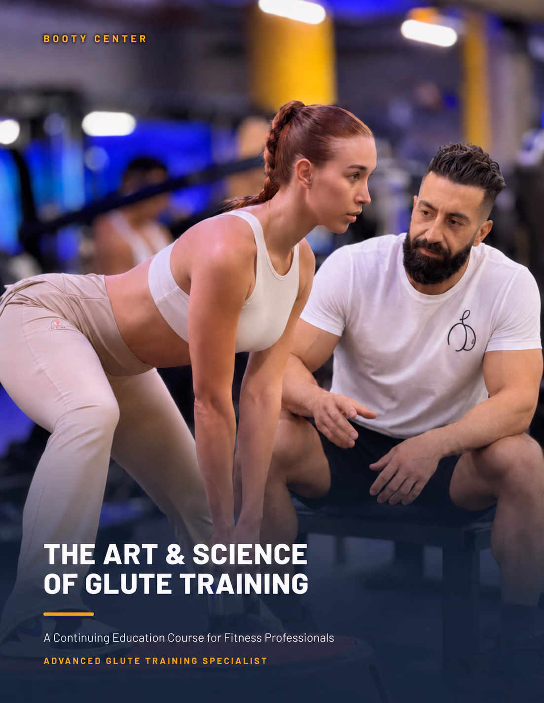 Cover of the course textbook The Art & Science of Glute Training: Navid Moravej coaching a client through a hip hinge