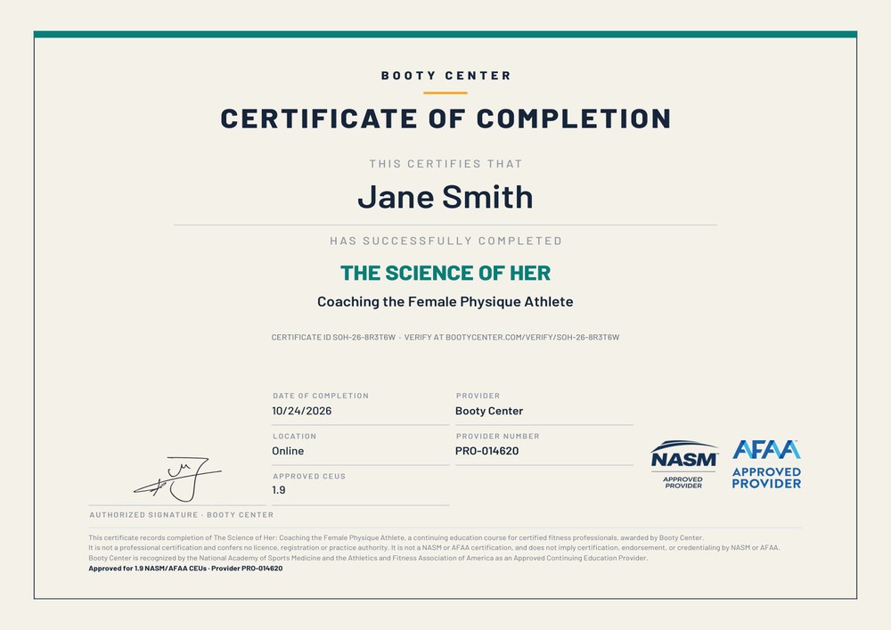 Sample Certificate of Completion for The Science of Her from Booty Center