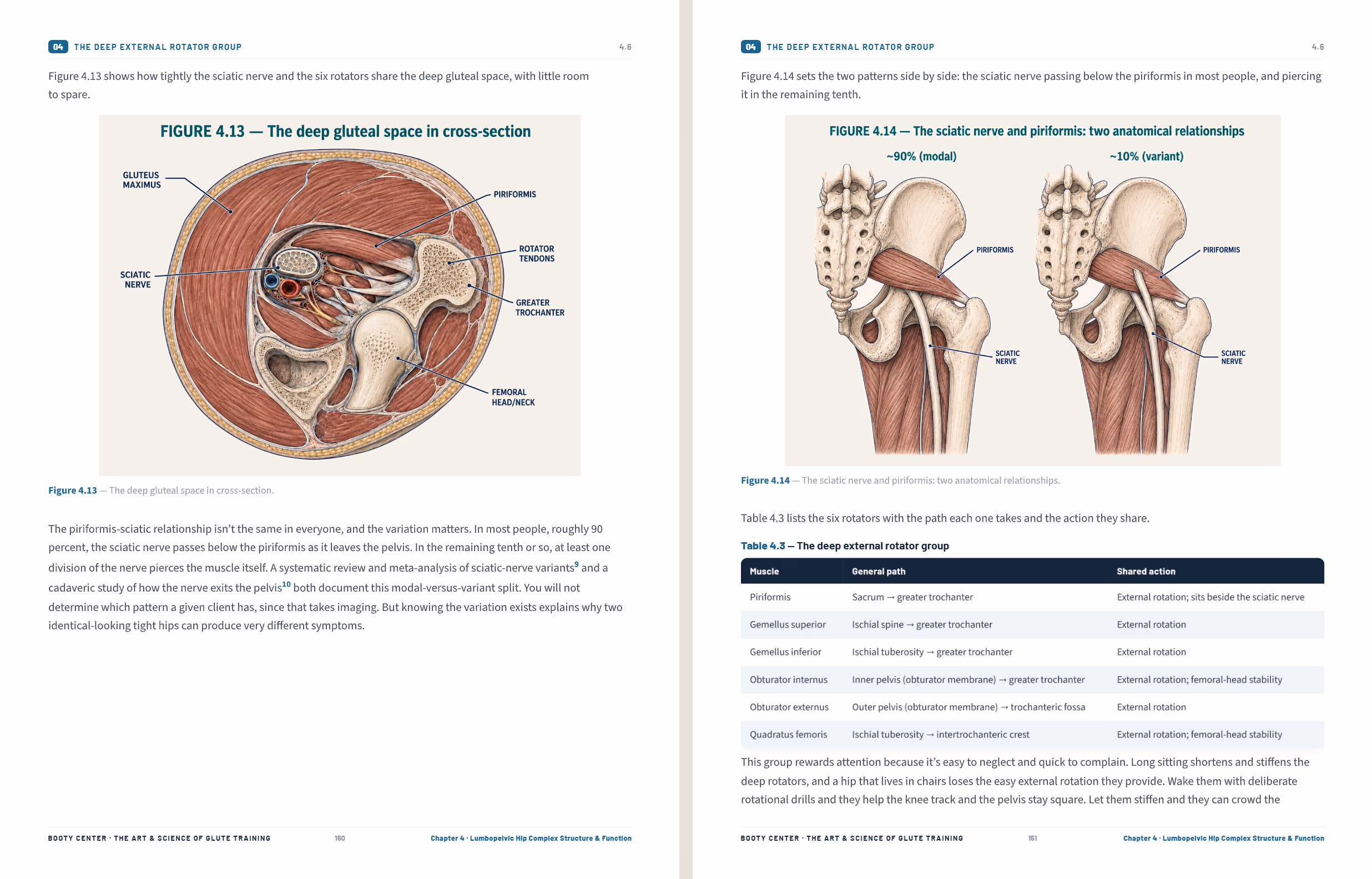 Two facing pages from Chapter 4 showing Figure 4.13, the deep gluteal space in cross-section, with labeled anatomy
