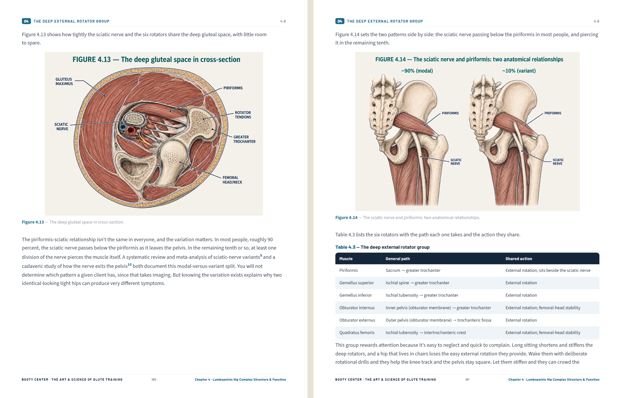 Two facing pages from Chapter 4 showing Figure 4.13, the deep gluteal space in cross-section, with labeled anatomy