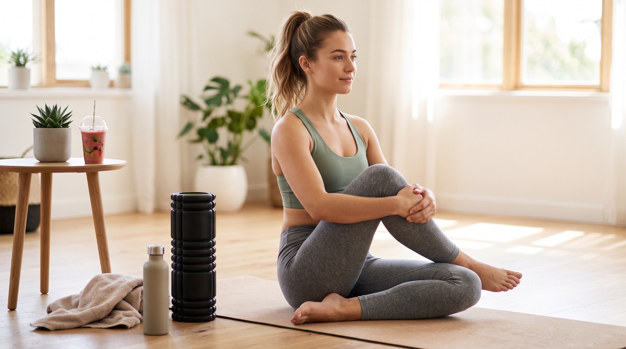 A side-profile view of a young woman in light green and gray sportswear sitting on a yoga mat in a well-lit living room, hugging one knee to her chest. Beside her are a foam roller, water bottle, smoothie, and plants.