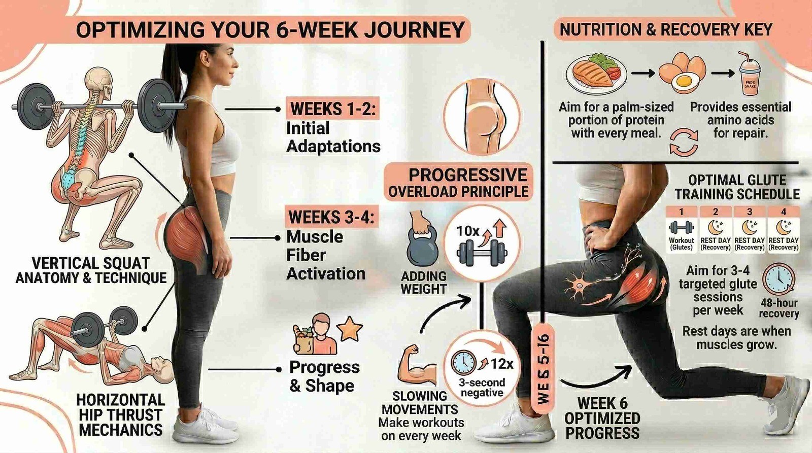 Infographic on optimizing a 6-week glute journey, covering squat and hip thrust form, progressive overload, nutrition, and recovery