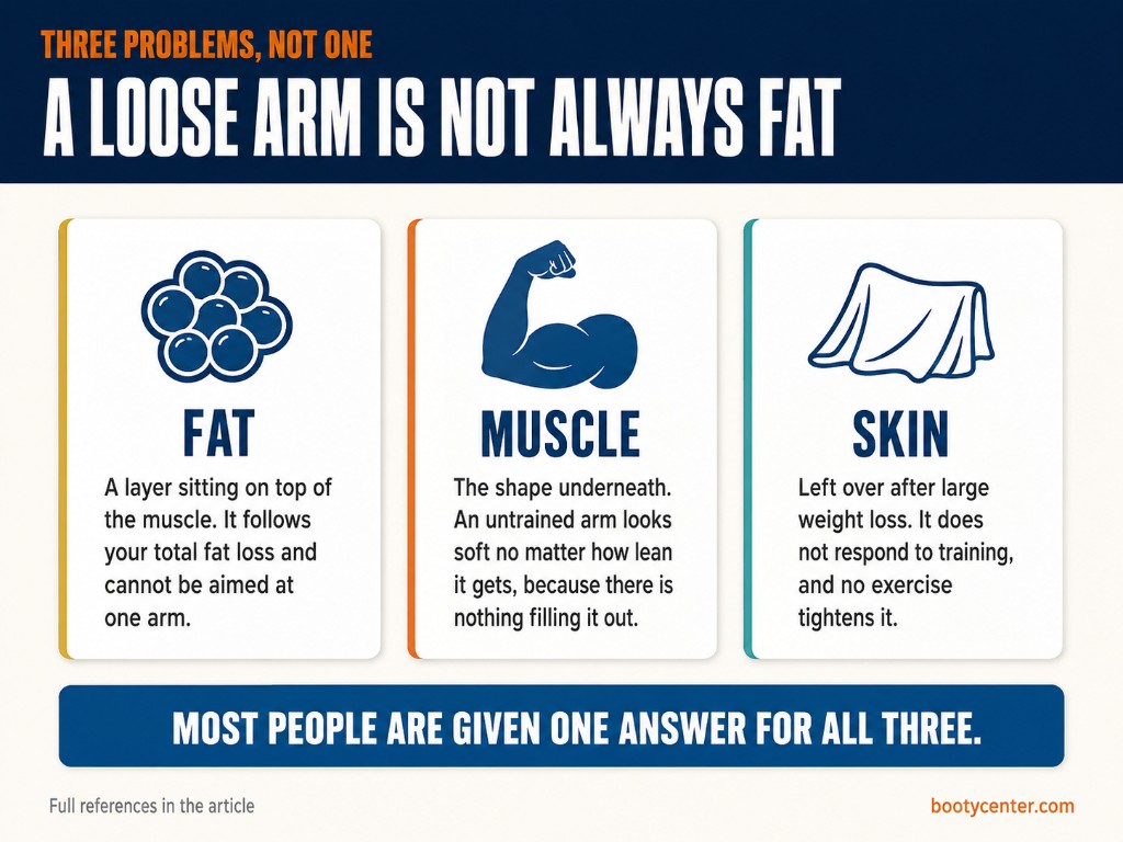 Three cards explaining that a loose upper arm can be fat, undertrained muscle or loose skin