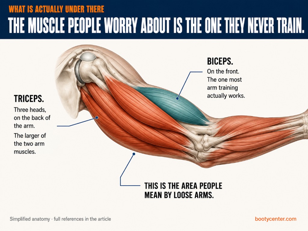 Anatomical illustration of the upper arm showing the triceps on the back of the arm and the biceps on the front