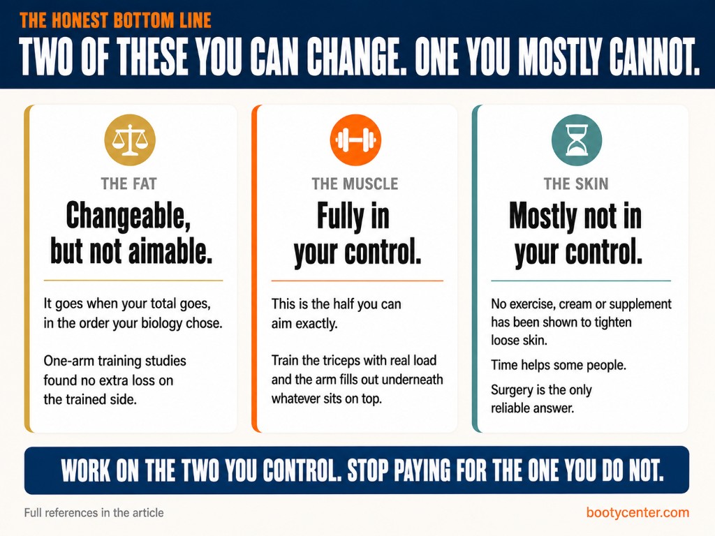 Three cards showing that arm fat is changeable but not aimable, arm muscle is fully controllable, and loose skin is mostly not