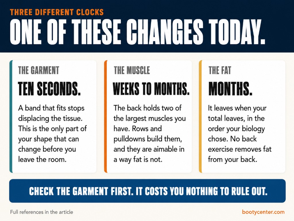 Three cards showing that the garment changes in ten seconds, muscle in weeks to months, and fat in months