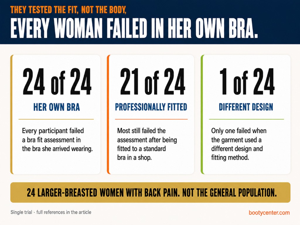 Study results showing 24 of 24 women failed a bra fit assessment in their own bra, 21 of 24 after professional fitting, and 1 of 24 in an alternative design