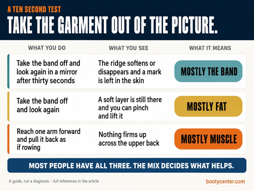 A three row self-check table showing how to tell whether an upper back ridge is the garment band, fat or undertrained muscle