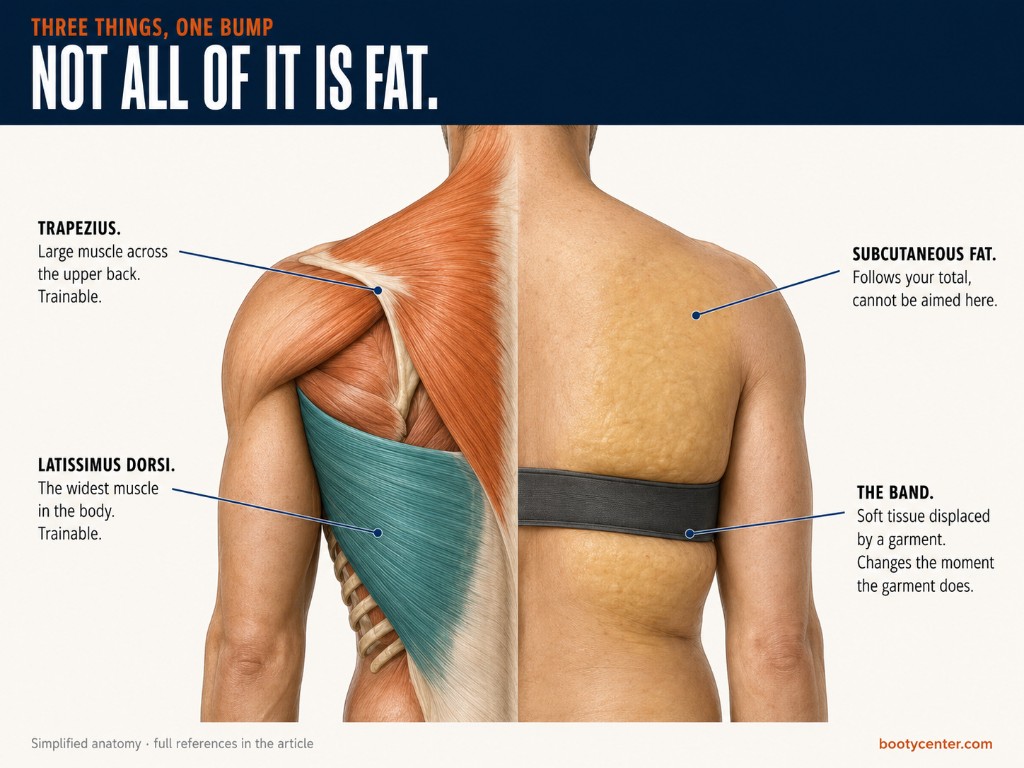 Anatomical illustration of the upper back showing the trapezius and latissimus dorsi on one side and skin, subcutaneous fat and a garment band on the other