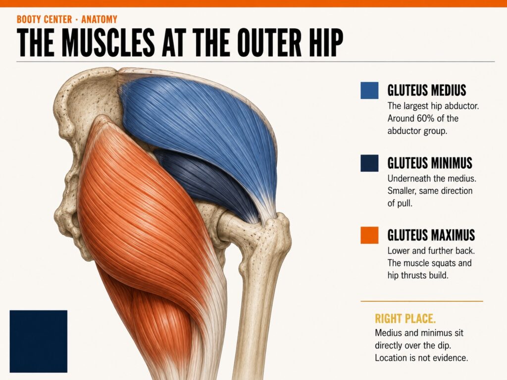 Gluteus medius and minimus at the outer hip, above and outside the gluteus maximus