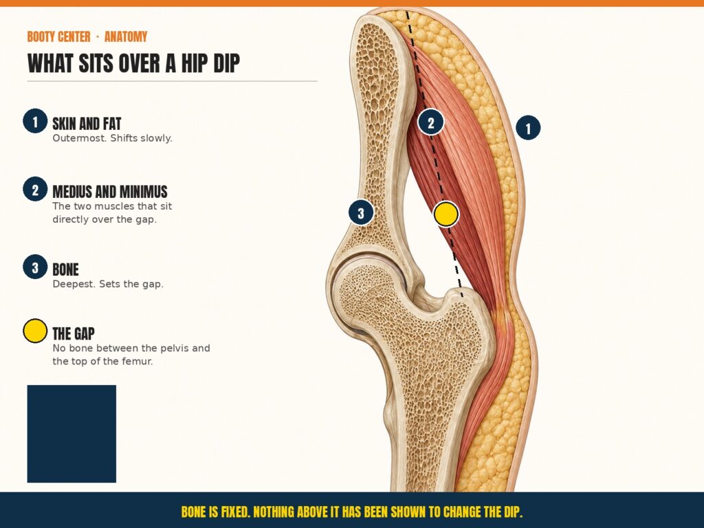 what sits over a hip dip: bone structure, then gluteus medius and minimus, then subcutaneous fat