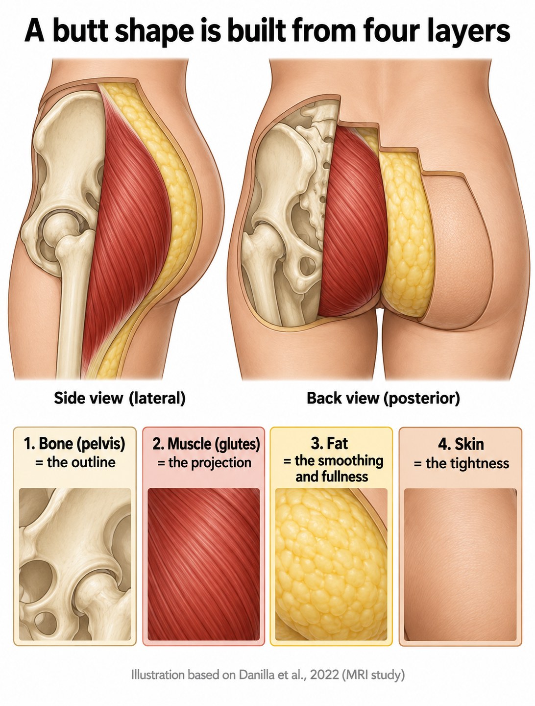 Anatomical diagram showing four layers of the female buttock from inside out: pelvis bone, gluteus maximus muscle, subcutaneous fat, and skin.