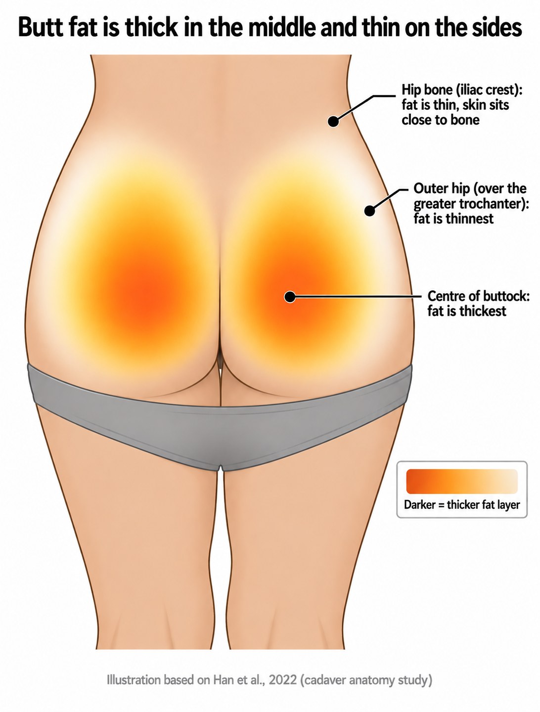 Heat map of a female buttock showing subcutaneous fat is thickest at the centre of each cheek and thinnest over the outer hip and hip bone.