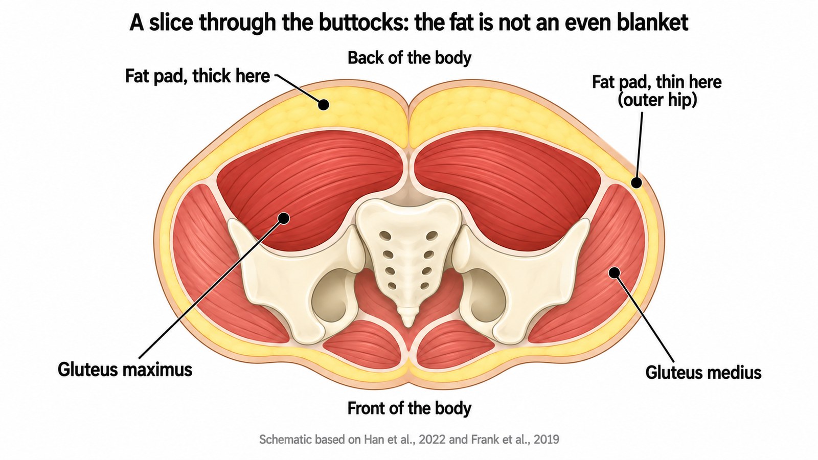 Cross-section diagram through the buttocks showing the pelvis, gluteus maximus, gluteus medius, and a fat layer that is thick at the back and thin over the outer hip.