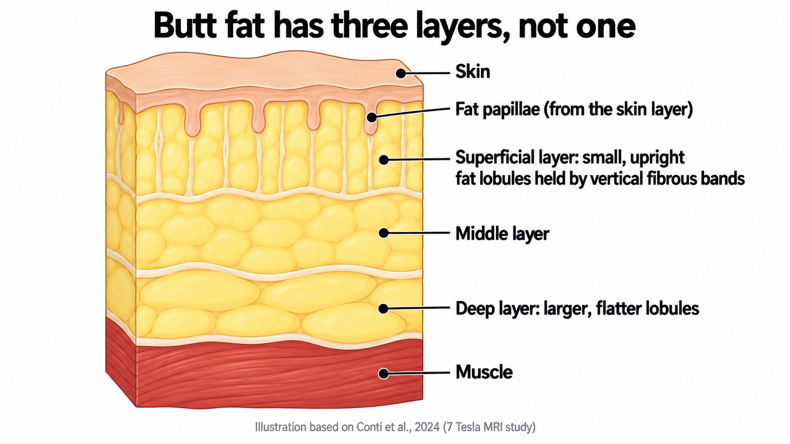 Tissue diagram showing gluteal fat has three distinct layers, a superficial layer of small upright lobules, a middle layer, and a deep layer of larger flatter lobules.