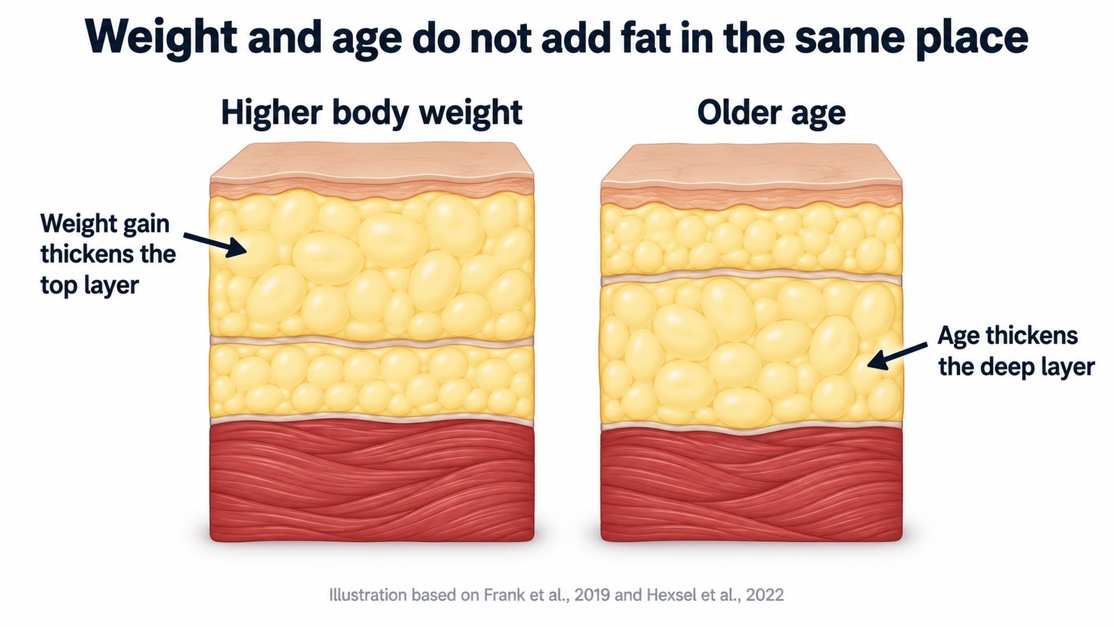 Two tissue cross-sections comparing how higher body weight thickens the superficial fat layer while older age thickens the deep fat layer.