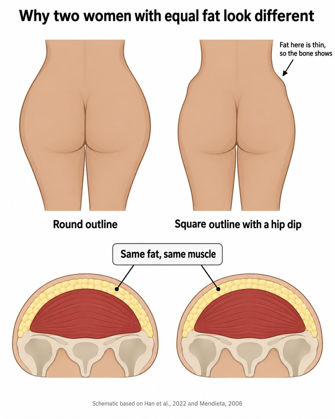 Two hip outlines, one round and one square with a hip dip, shown with identical fat and muscle cross-sections underneath to demonstrate that bone shape creates the difference.