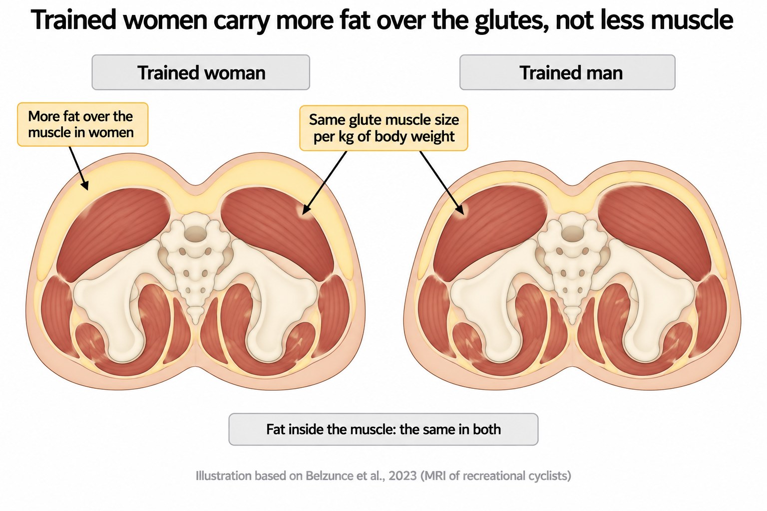 Two cross-sections comparing trained women and trained men, showing equal glute muscle size per kilogram of body weight but more subcutaneous fat over the muscle in women.
