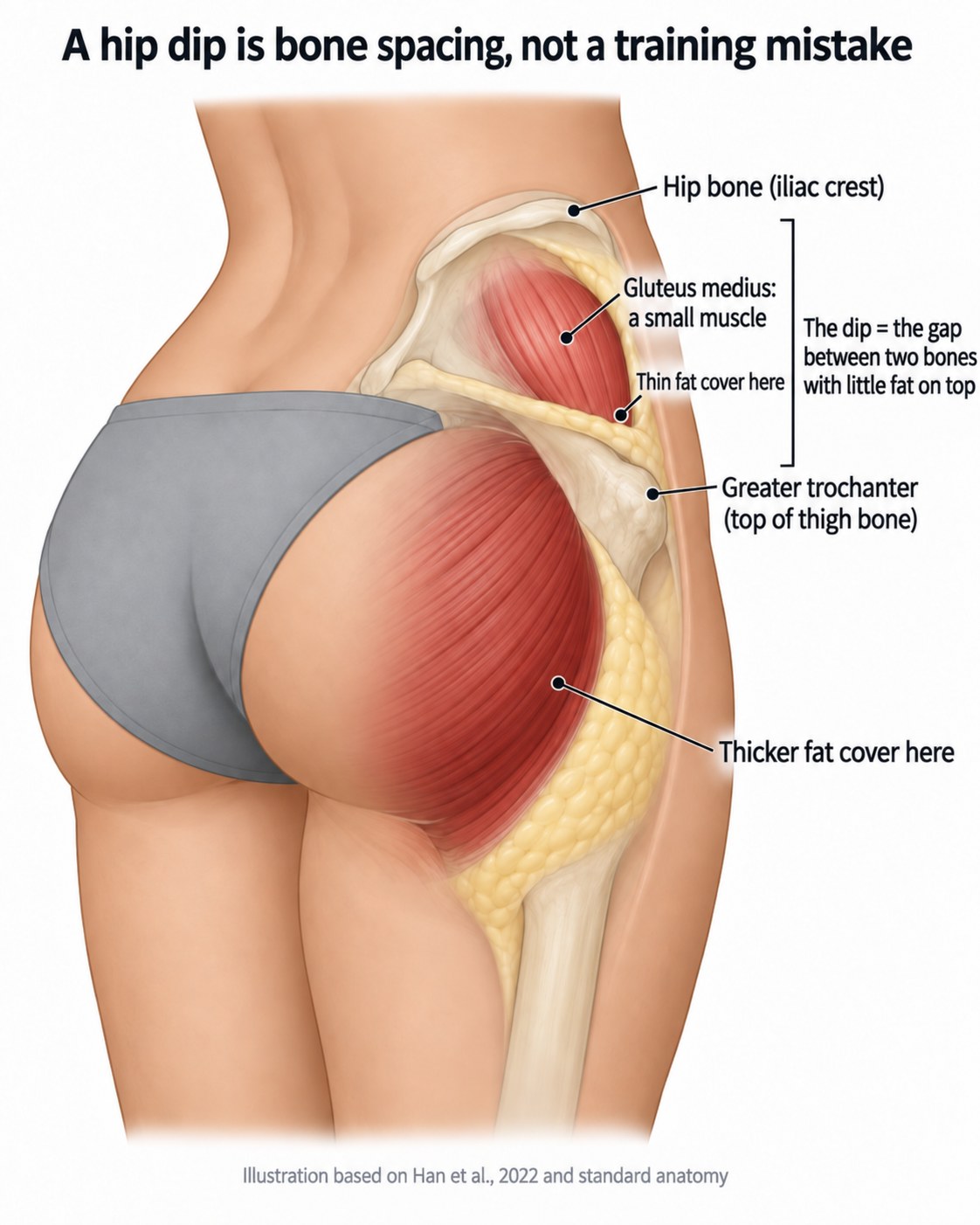 Anatomical diagram showing a hip dip is the gap between the iliac crest and the greater trochanter, containing the small gluteus medius muscle under a thin fat cover.