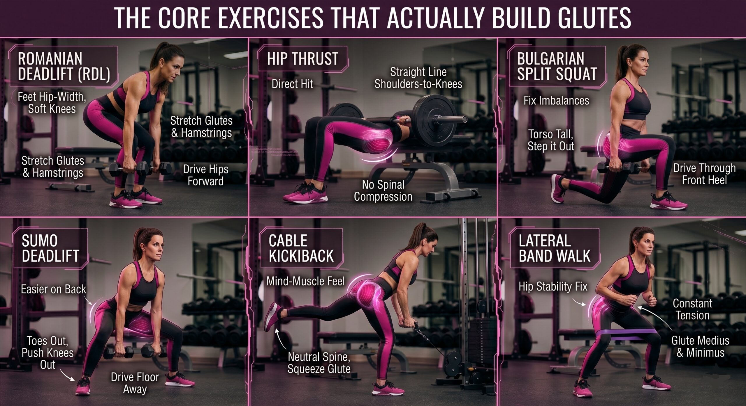 Six-panel fitness infographic demonstrating the best glute building exercises with proper form cues.