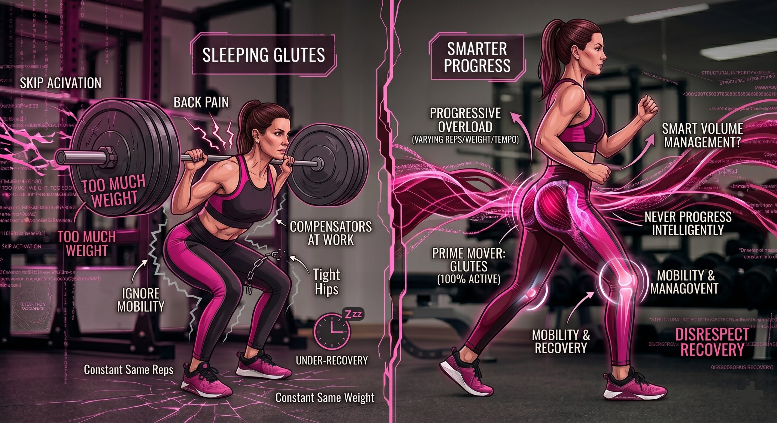 A split-screen infographic detailing why glute programs fail versus how they succeed after 40.