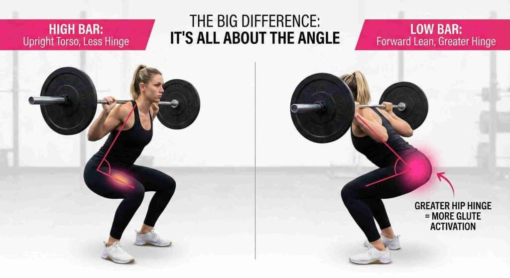 High bar squat with an upright torso and less hinge, versus low bar squat with a forward lean and greater hip hinge