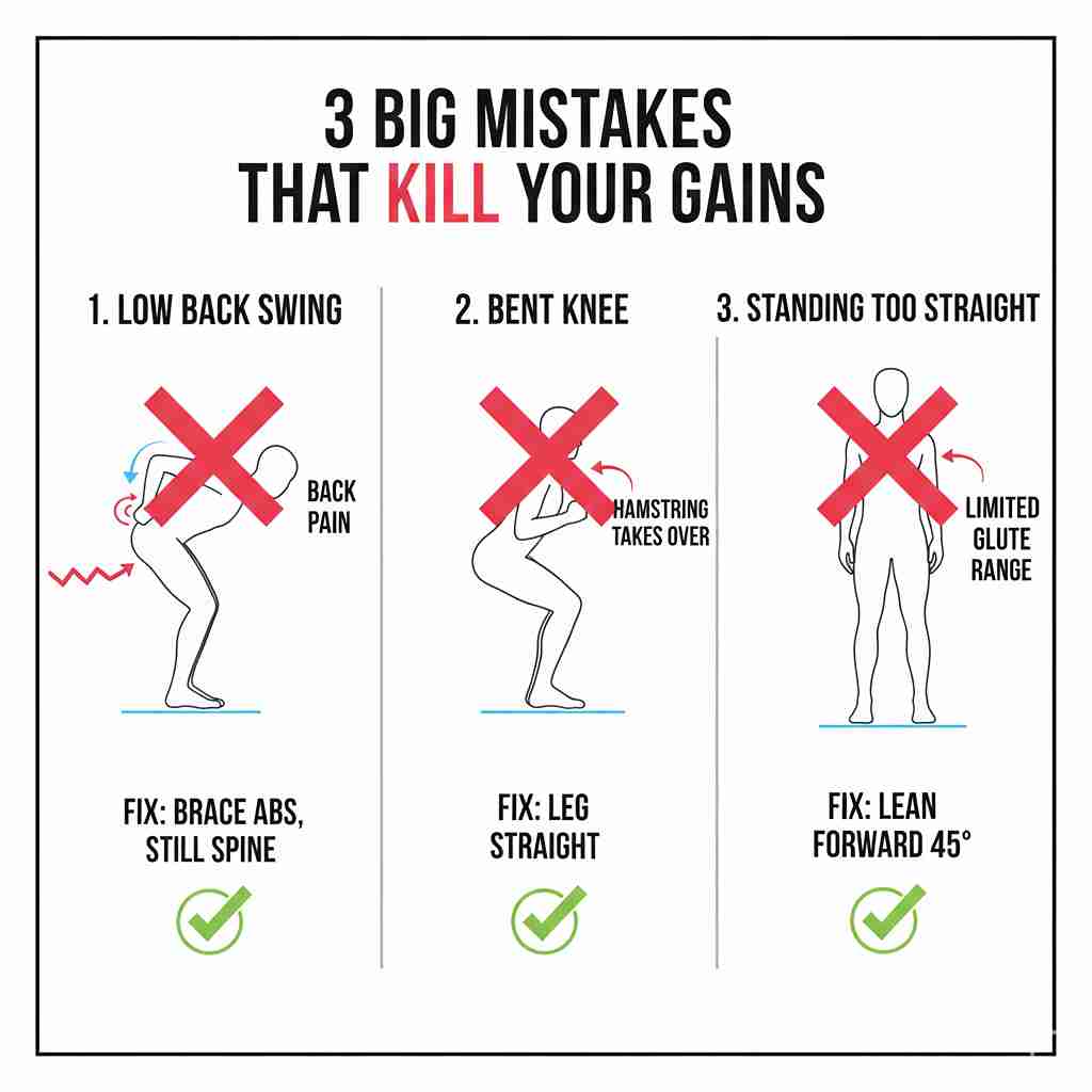 Infographic showing 3 big mistakes in cable kickbacks: low back swinging, bending the knee too much, and standing too straight, with their respective fixes.