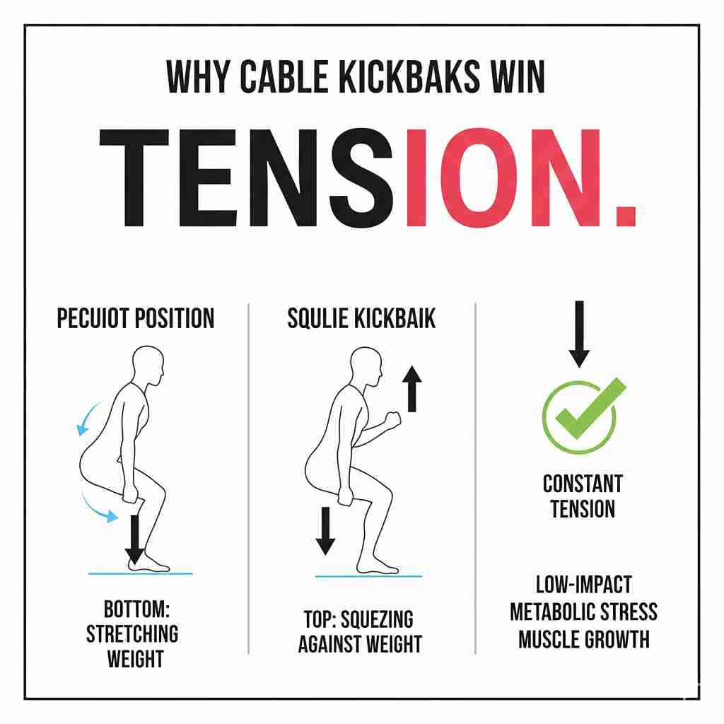 An anatomy diagram of the gluteus maximus and medius muscles comparing squats to cable kickbacks for constant glute tension.