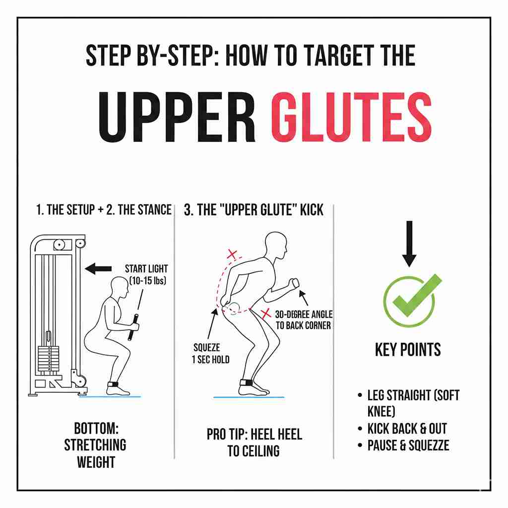 A step-by-step guide to upper glute cable kickbacks showing a 30-degree kick angle, straight leg form, and the "heel to ceiling" pro tip.