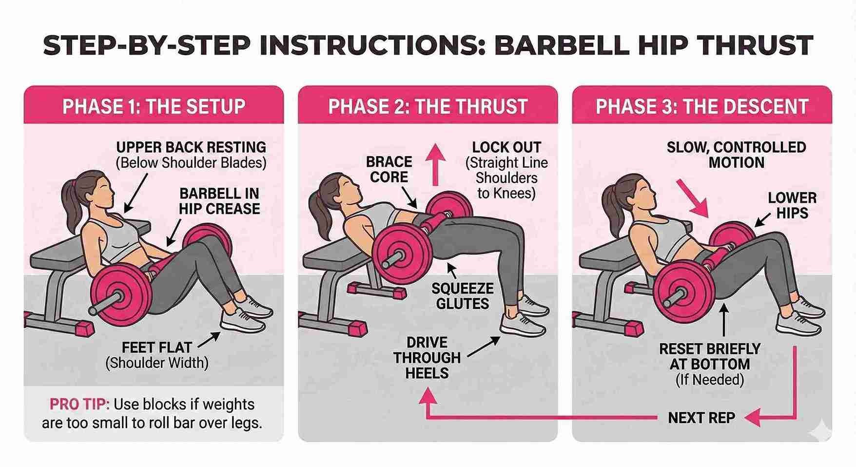 Three panels showing hip thrust setup, the thrust, and the descent