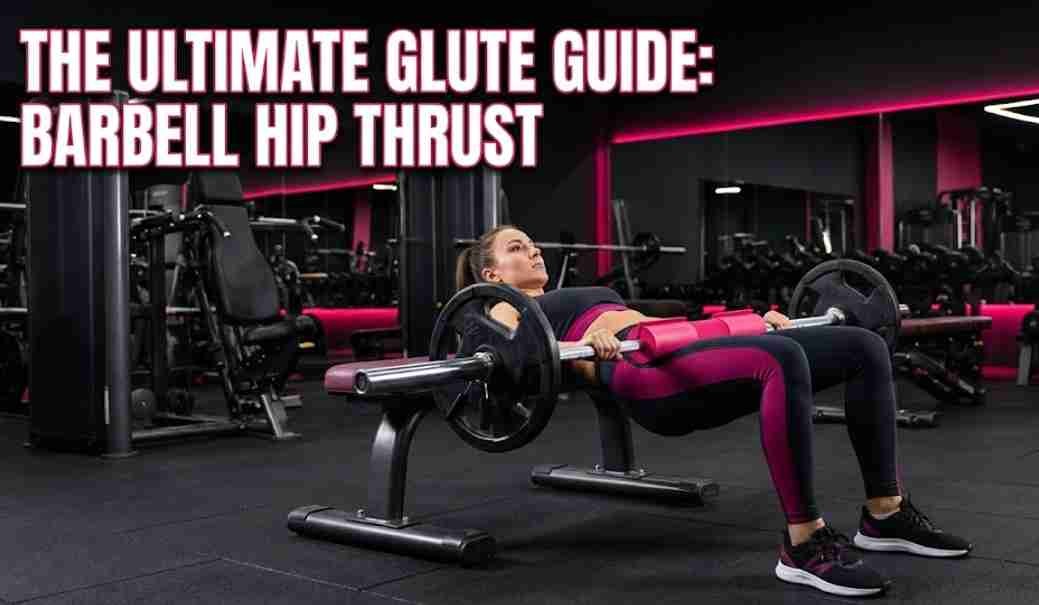 Woman at the top of a barbell hip thrust in a gym, with The Ultimate Glute Guide title over the photo