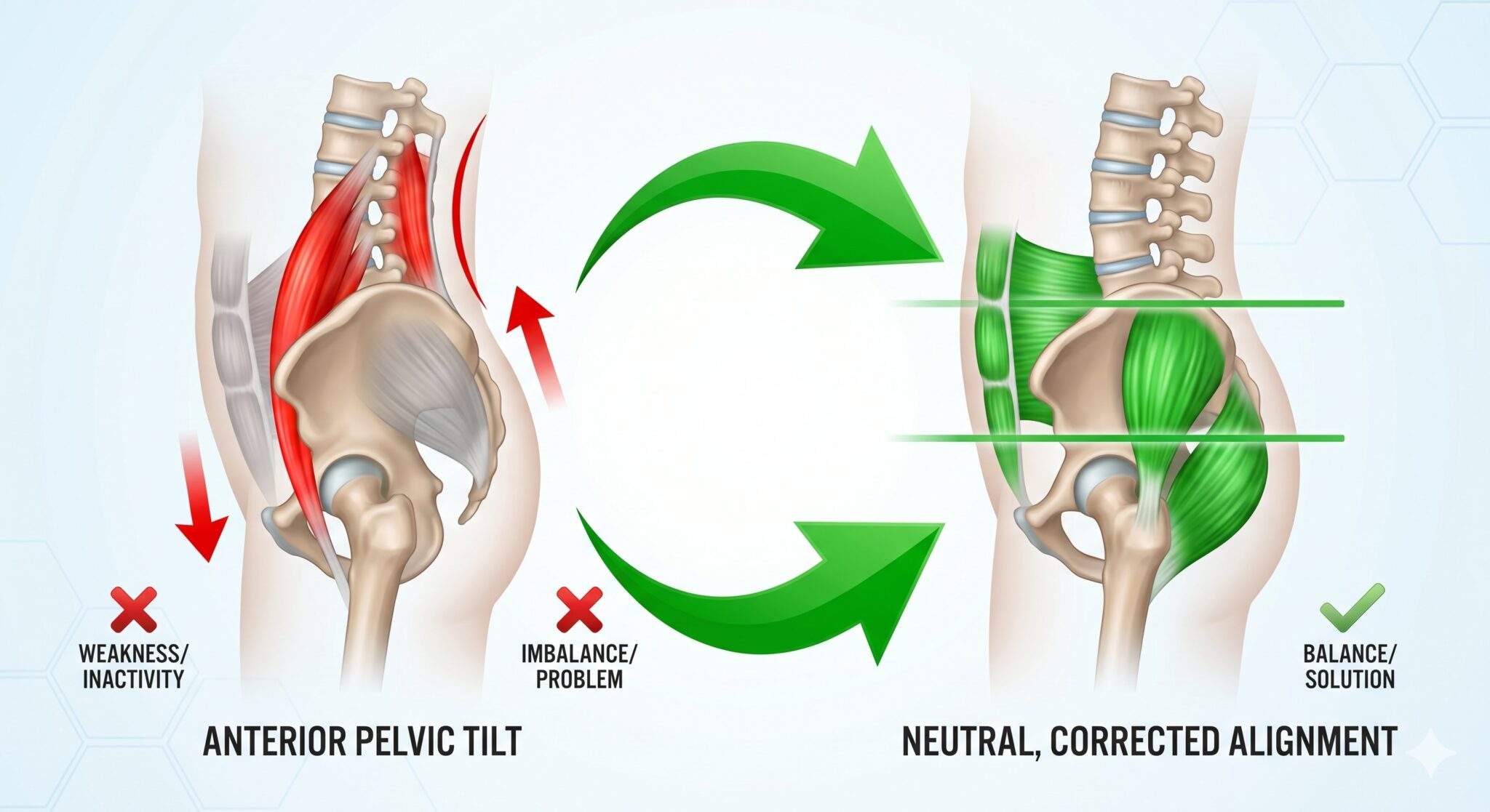 Side-by-side anatomy graphic of anterior pelvic tilt with tight hip flexors versus a neutral corrected pelvis with engaged glutes