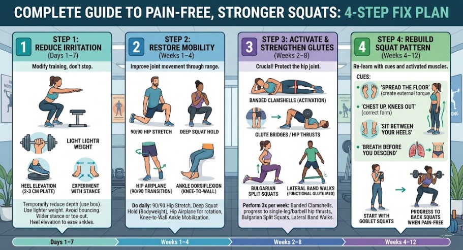 An infographic timeline outlining a 4-step plan to fix hip pain from squatting, covering irritation reduction, mobility restoration with 90/90 stretches, glute strengthening with hip thrusts, and squat pattern rebuilding.