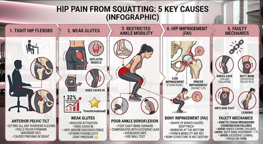Infographic of five causes of hip pain when squatting, from tight hip flexors to faulty mechanics