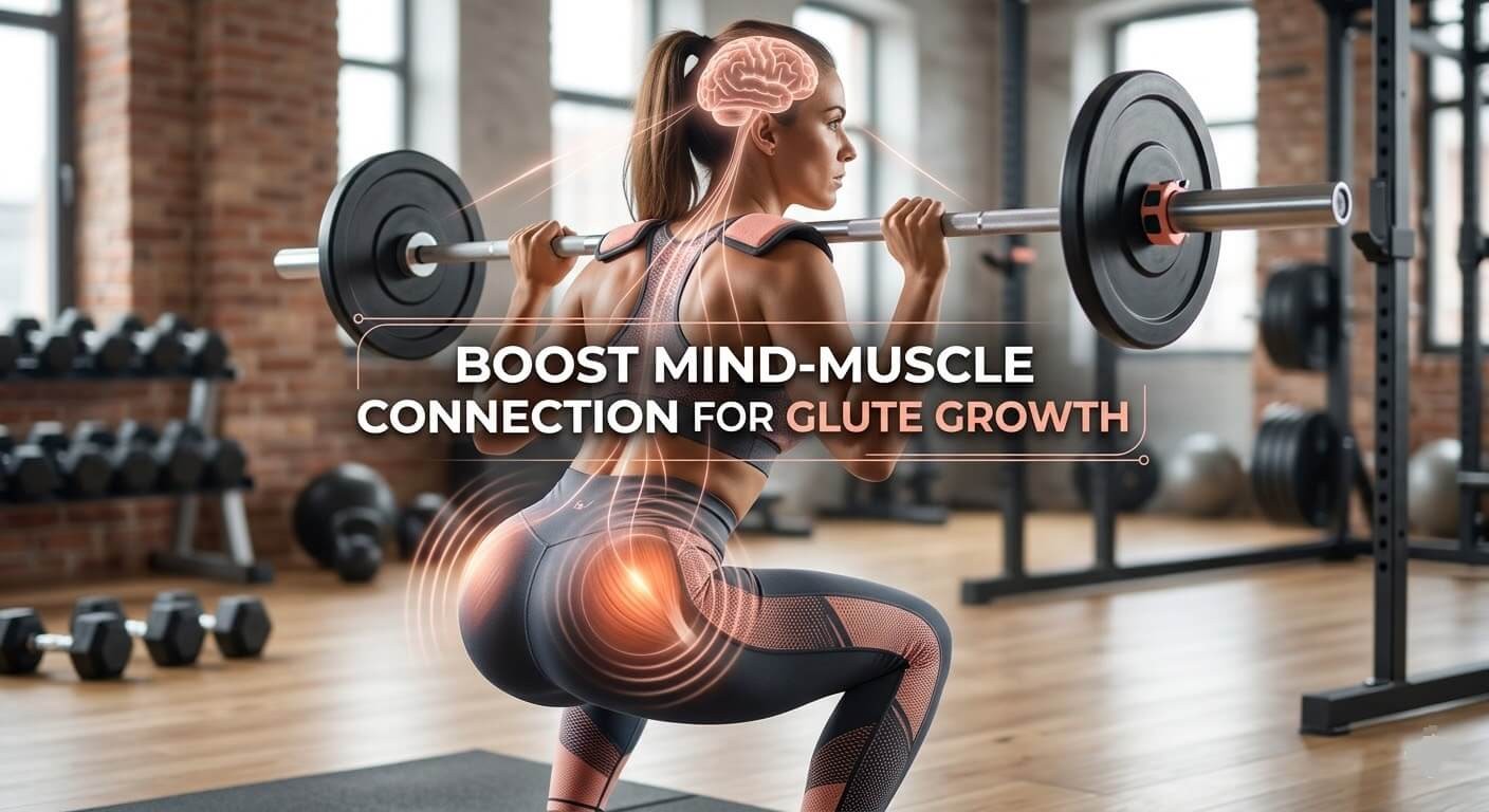 Woman squatting with a barbell while a brain overlay and glowing glute show the mind-muscle connection