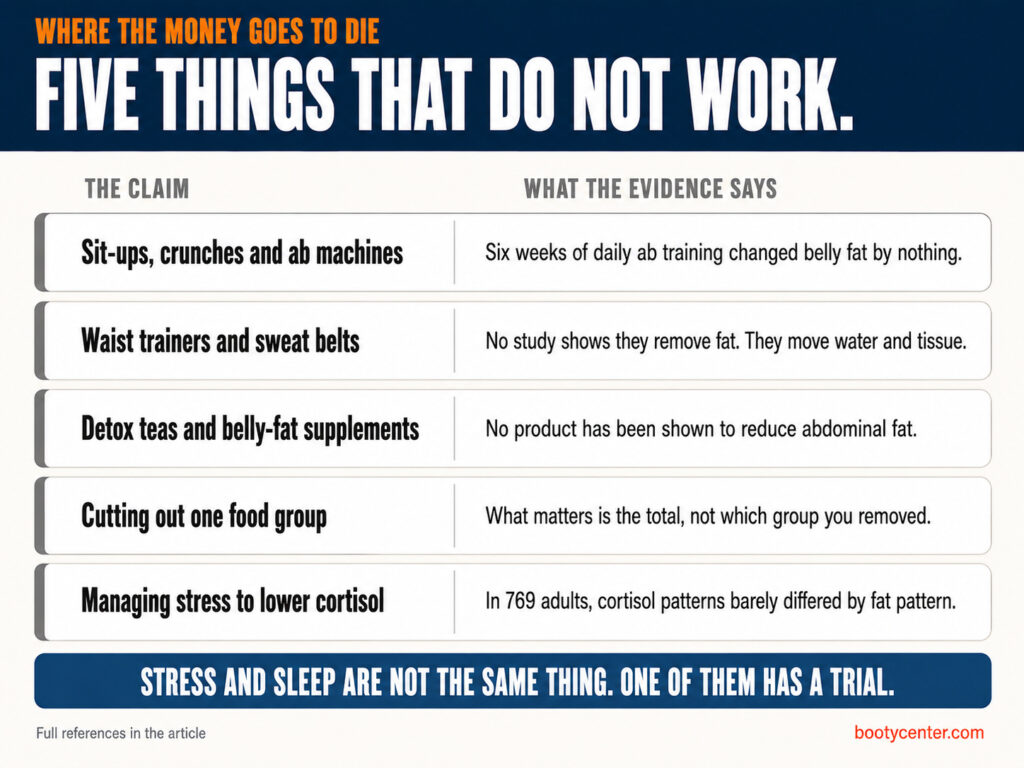 A table of five popular belly fat claims and what the evidence actually says about each