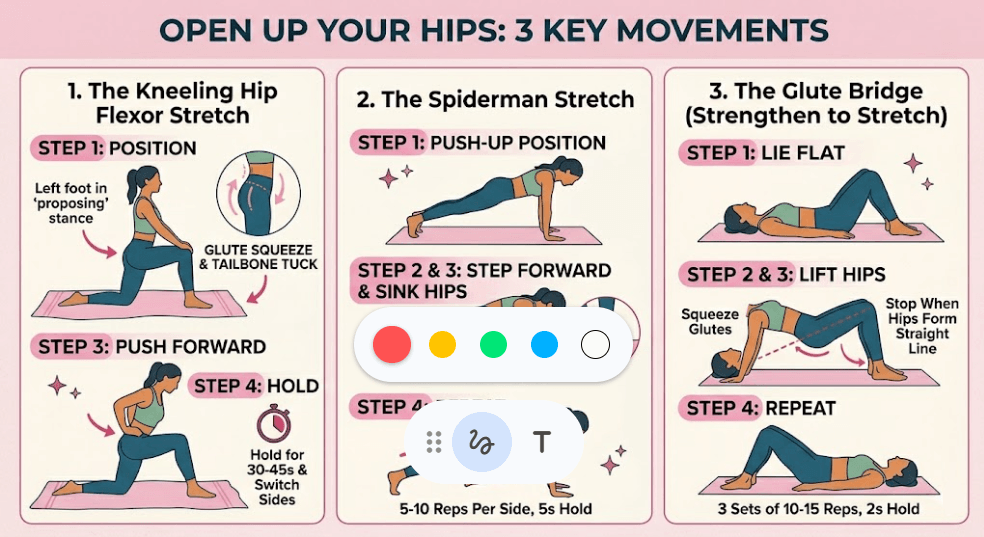 An educational infographic titled "Open Up Your Hips: 3 Key Movements" featuring step-by-step illustrations of the Kneeling Hip Flexor Stretch, the Spiderman Stretch, and the Glute Bridge. The design uses a clean layout with pink yoga mats, pink highlights on step headers, and teal-clad figures demonstrating the exercises.