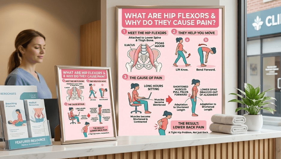 Infographic of the iliacus and psoas hip flexors and how they pull on the lumbar spine