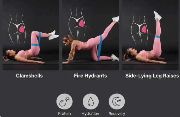 Infographic of clamshells, fire hydrants, and side-lying leg raises for building side glute width and rounding a V-shaped butt