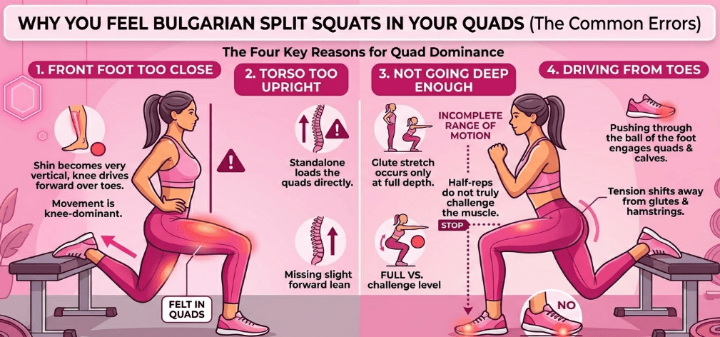 Why you feel Bulgarian split squats in your quads: front foot too close, torso too upright, not going deep enough, and driving from the toes