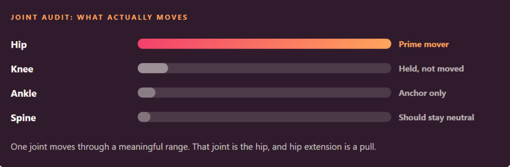 Joint audit of a glute bridge: the hip is the prime mover, the knee and ankle are held, and the spine should stay neutral