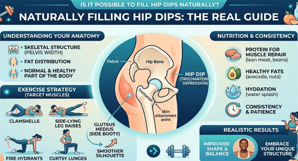 Infographic on filling hip dips naturally, showing hip anatomy, side-glute exercises, nutrition, and realistic results