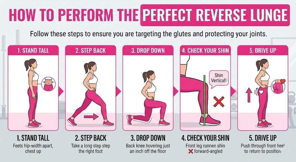 Infographic illustrating 'How to Perform the Perfect Reverse Lunge'. The five-step guide shows: 1. Stand Tall with feet hip-width apart. 2. Step Back with a long stride. 3. Drop Down until knees are at 90 degrees, back knee hovering. 4. Check Your Shin to ensure the front leg is vertical, not forward-angled. 5. Drive Up through the front heel to return to the start, squeezing glutes. The infographic emphasizes targeting glutes and protecting joints.