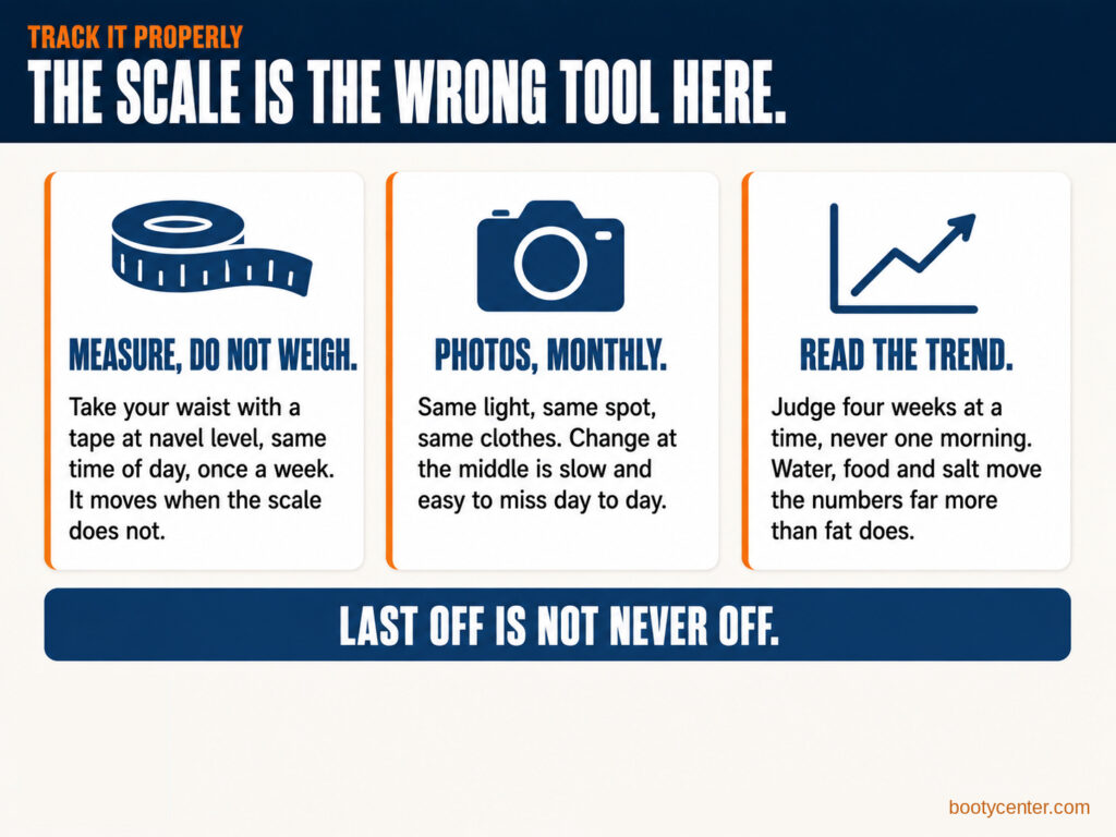 Three cards on tracking belly fat loss: measure with a tape, take monthly photos, and read the four week trend
