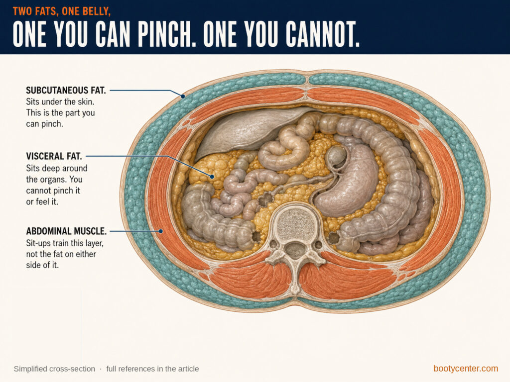 Anatomical cross-section of the abdomen showing subcutaneous fat under the skin, the abdominal muscle wall, and visceral fat packed around the organs