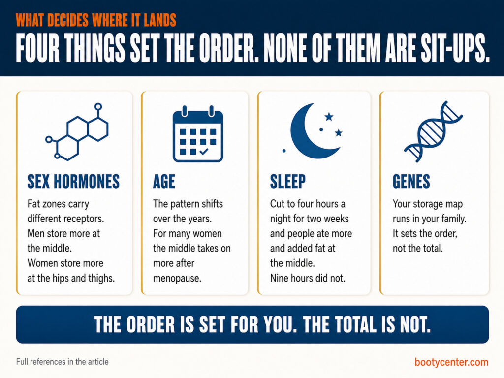 Four cards showing what decides where fat is stored: sex hormones, age, sleep and genes